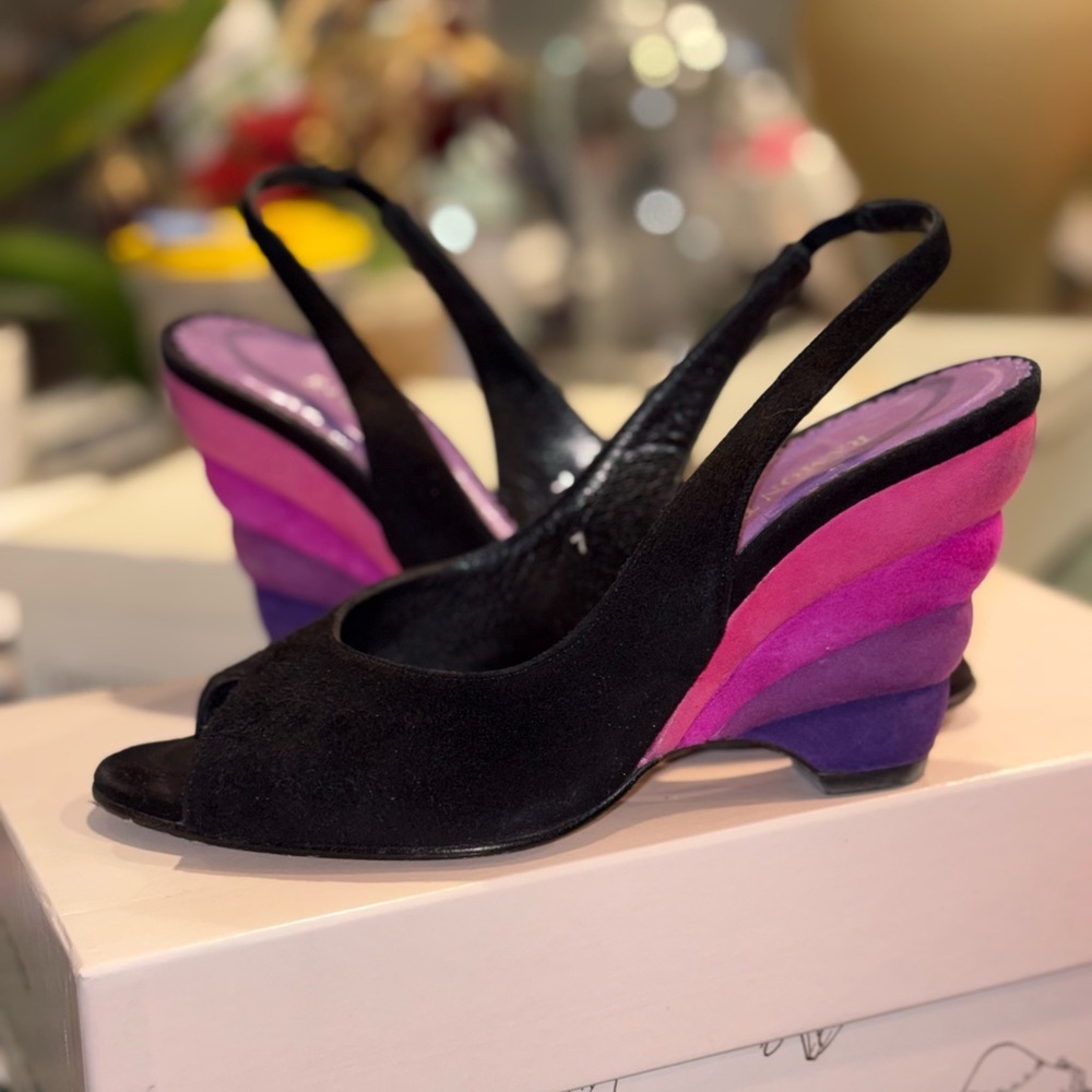 Vintage Ramon Tenza Suede Rainbow Wedge Slingback Sandals
